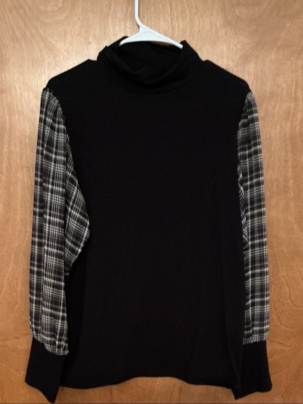 LOFT Black Turtleneck Sweater with Plaid Contrast Sleeves